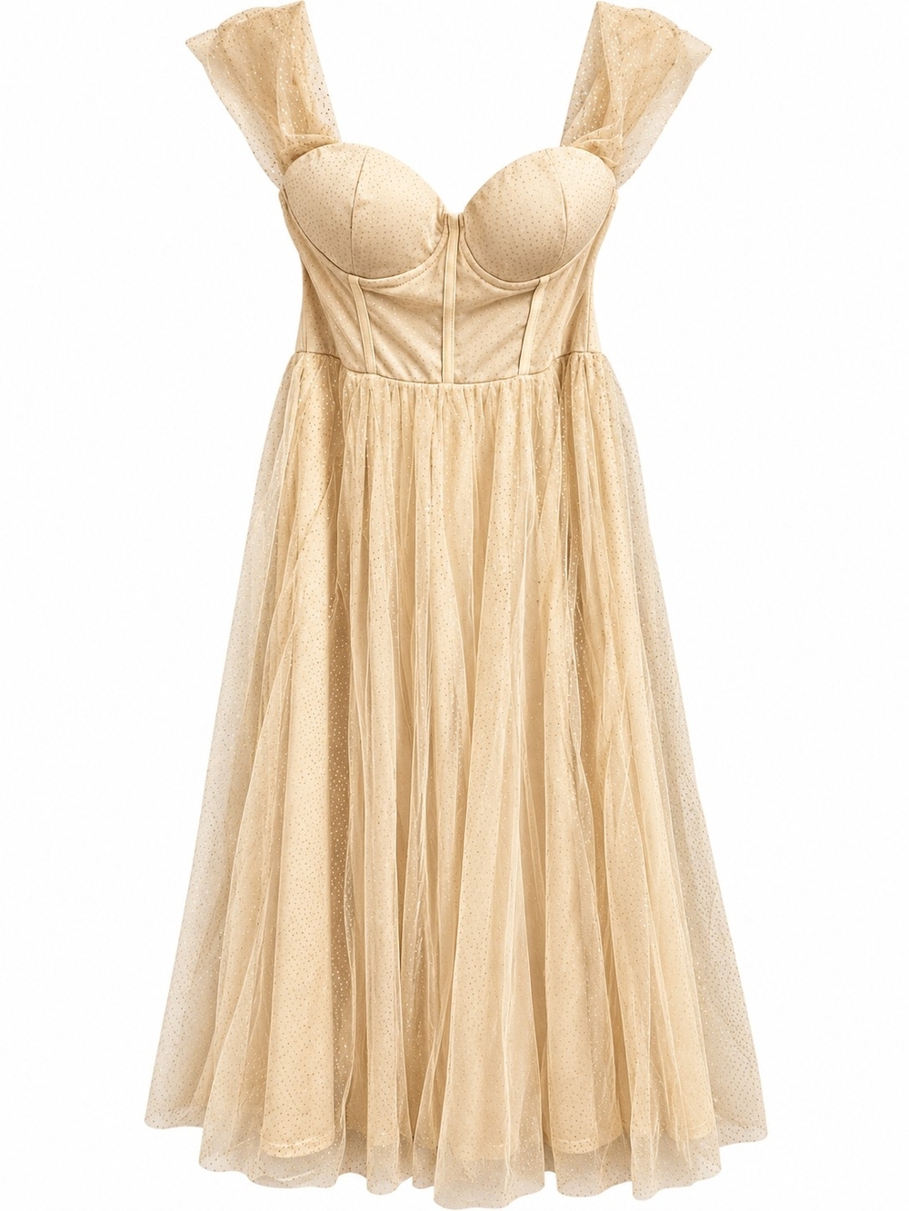 Elegant Cream Tulle Midi Dress with Corset Bodice